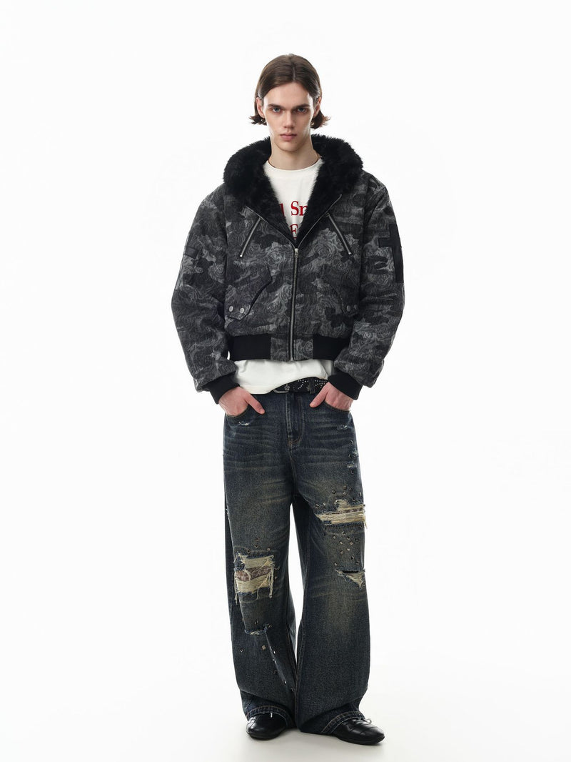 Rose Camo Hooded Bomber Jacket with Faux Fur Collar