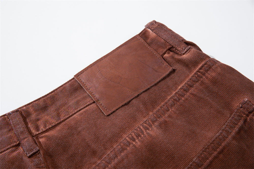 Wide-Leg Cargo Pants – Washed Brown Bird Print, Baggy Fit
