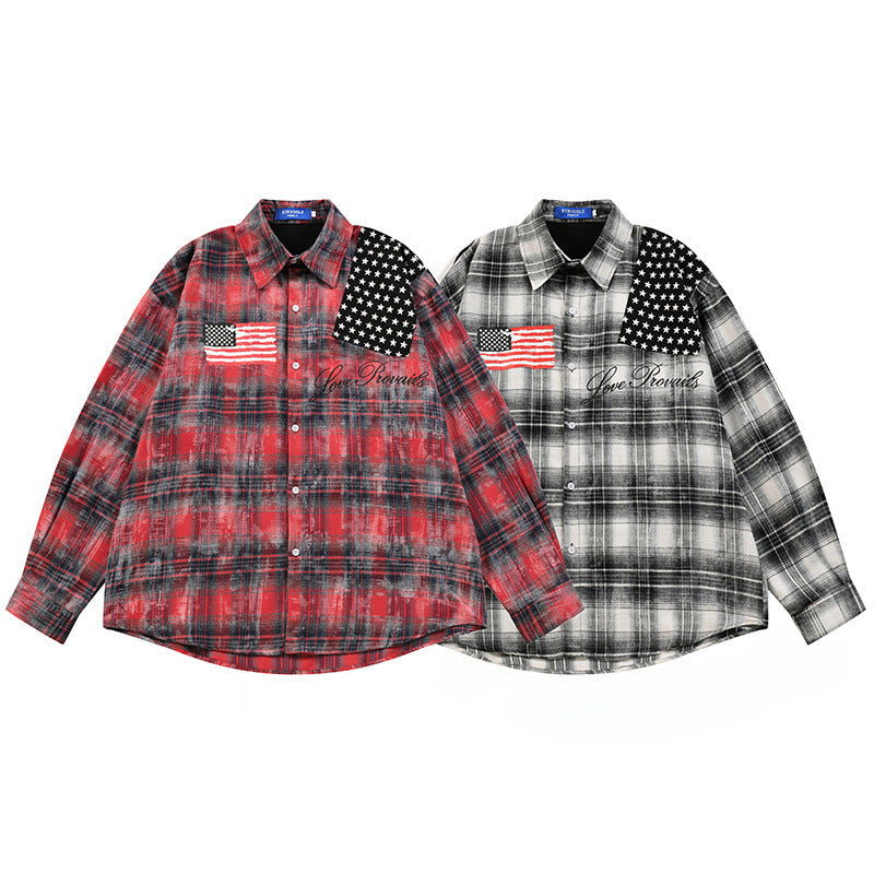 Washed Plaid Long Sleeve Shirt with American Flag Patchwork – Oversized