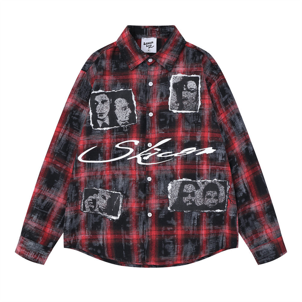 Oversized plaid flannel long sleeve shirt with portrait graphic patches and cursive script logo, shown in black plaid and red