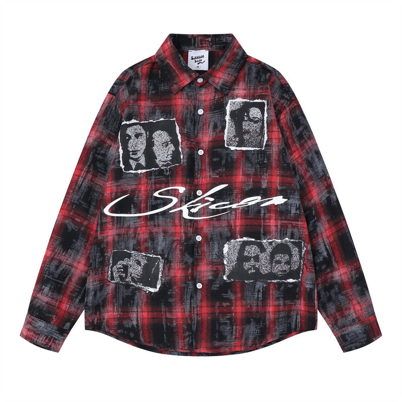 Oversized plaid flannel long sleeve shirt with portrait graphic patches and cursive script logo, shown in black plaid and red