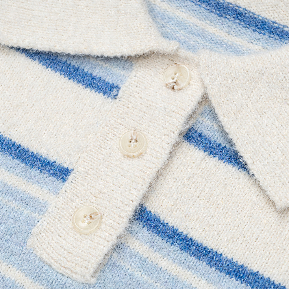 Striped Polo Collar Knit Sweater – Blue & White Horizontal Stripe Pullover