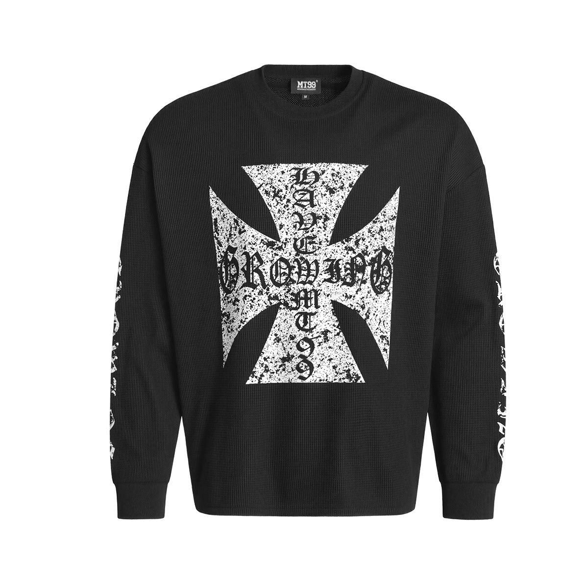 Oversized Langarmshirt aus schwarzem Waffelstrick mit Used-Iron-Cross-Grafik und Gothic-Old-English-Prints an den Ärmeln