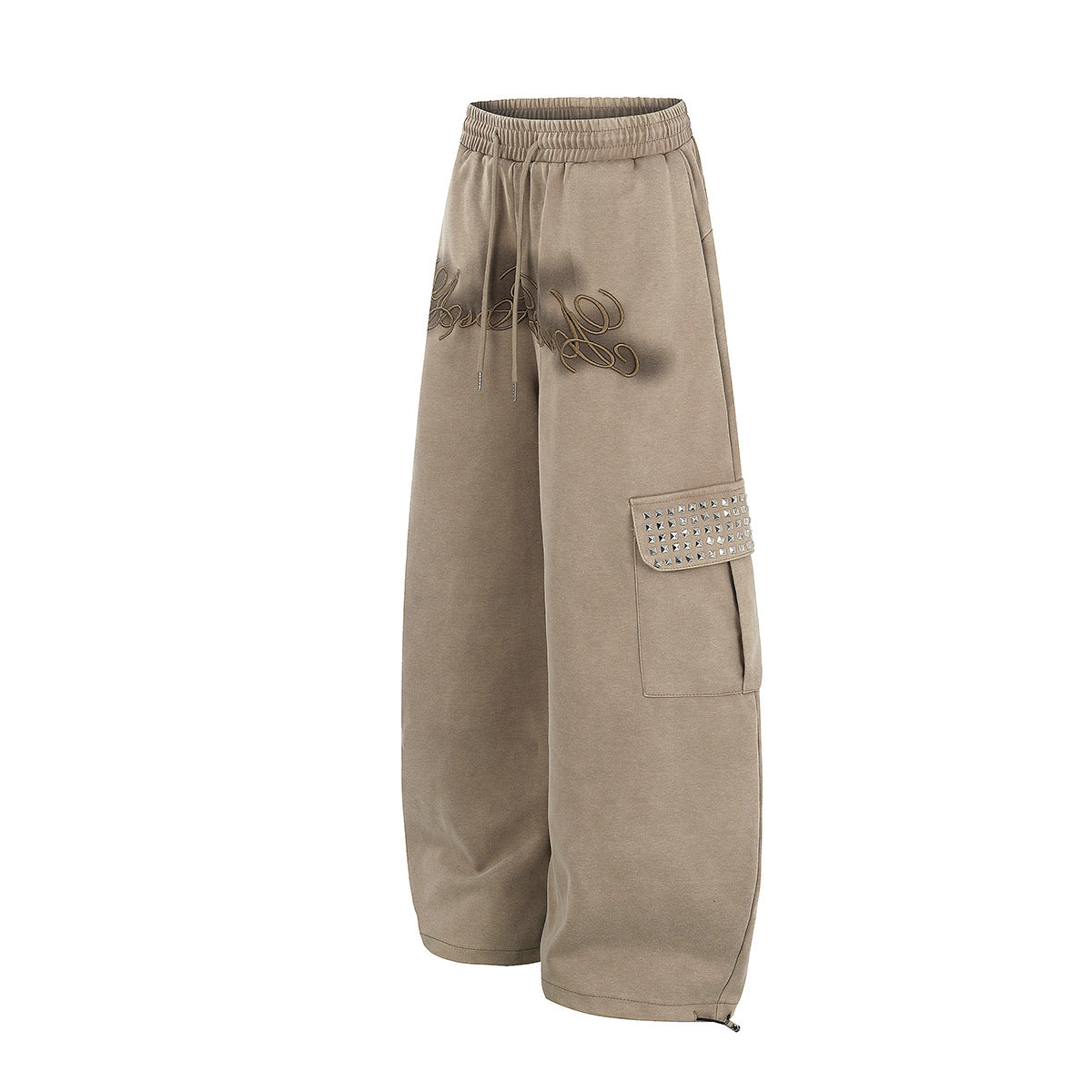 Pantalón Cargo Caqui de Chándal Baggy de Pierna Ancha con Bolsillos de Remaches y Texto Bordado