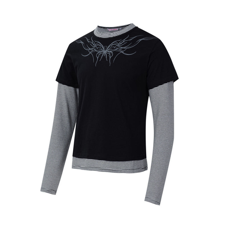 T-shirt graphique gris pour homme – Manches rayées superposées, imprimé tribal et manches longues