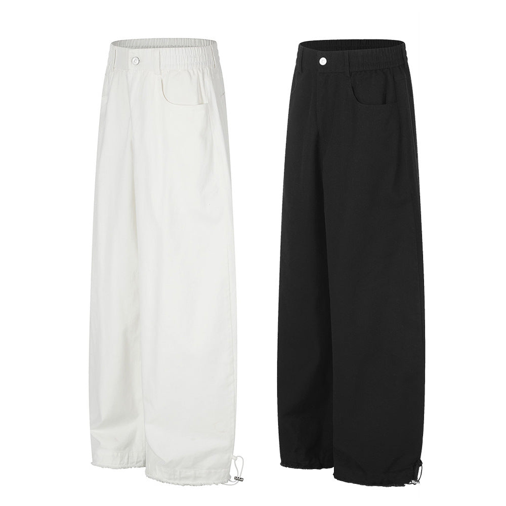 Wide-Leg Straight-Cut Pants – Elastic Waist, Raw Hem & Drawstring Ankle