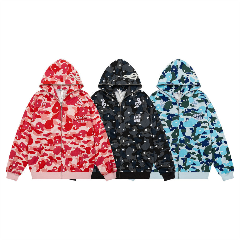 Men's Camo Zip-Up Hoodie with Music Note Embroidery – Oversized Streetwear