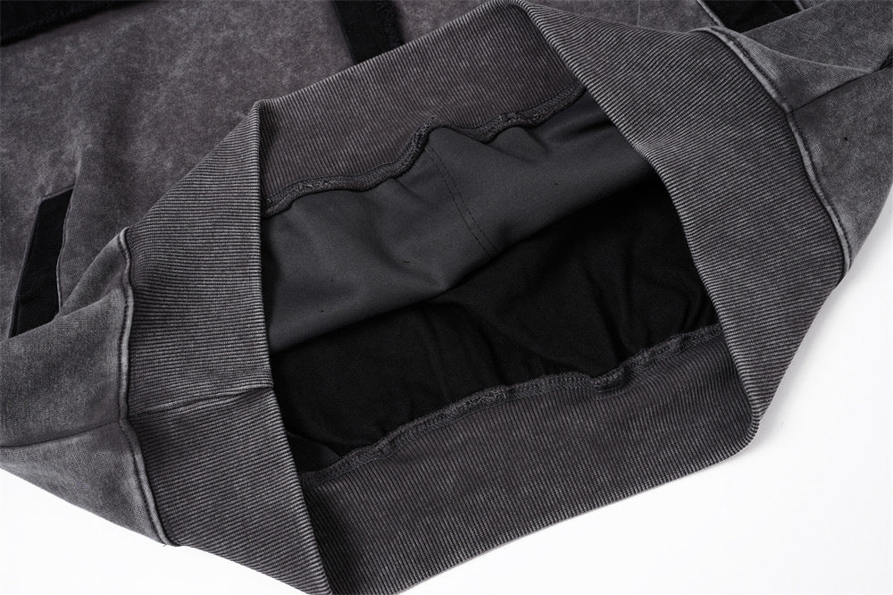 Veste à capuche zippée délavée à l'acide – Patchwork à bords francs et coupe oversize