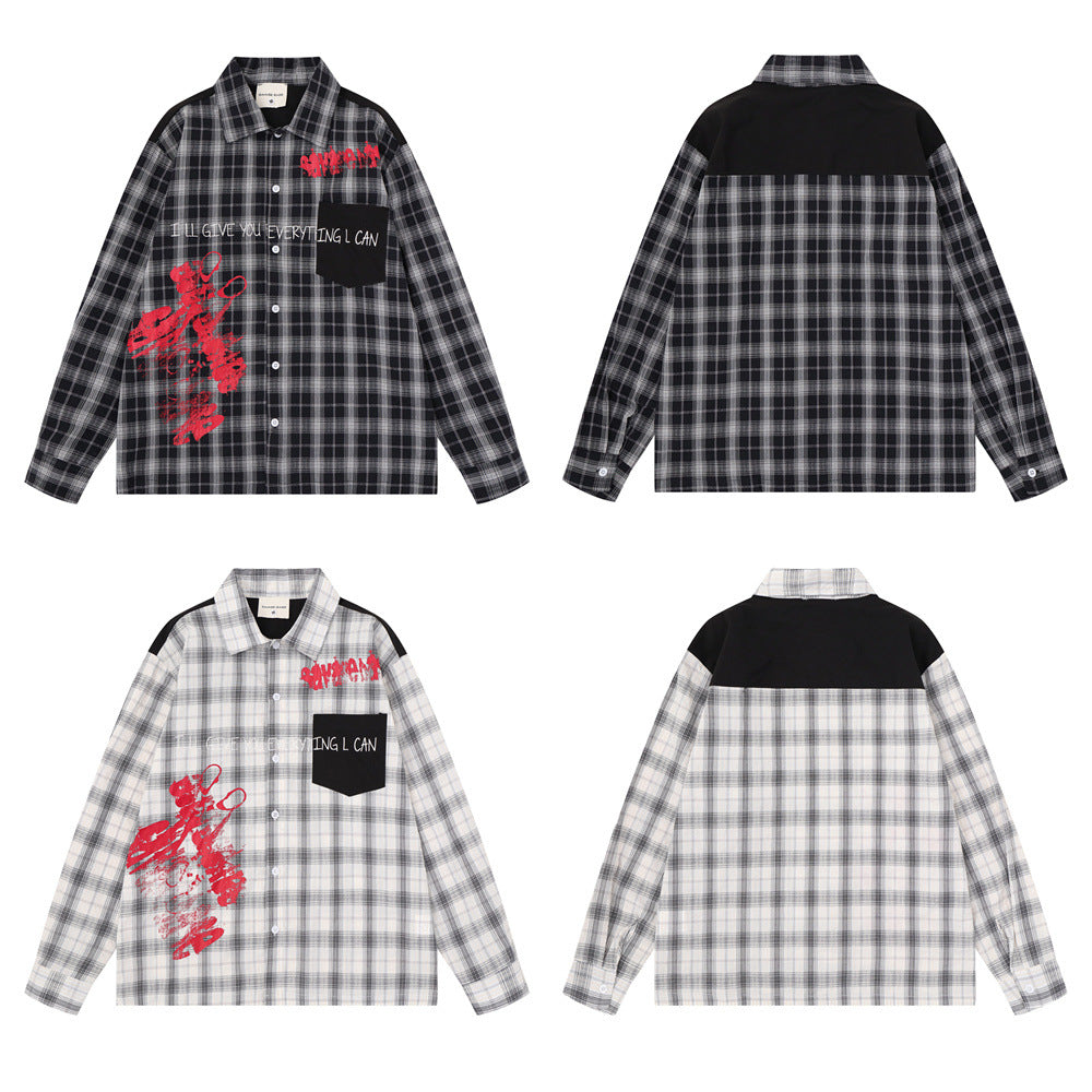 Camisa informal de botones para hombre – Estampado de graffiti a cuadros, estilo punk urbano de manga larga