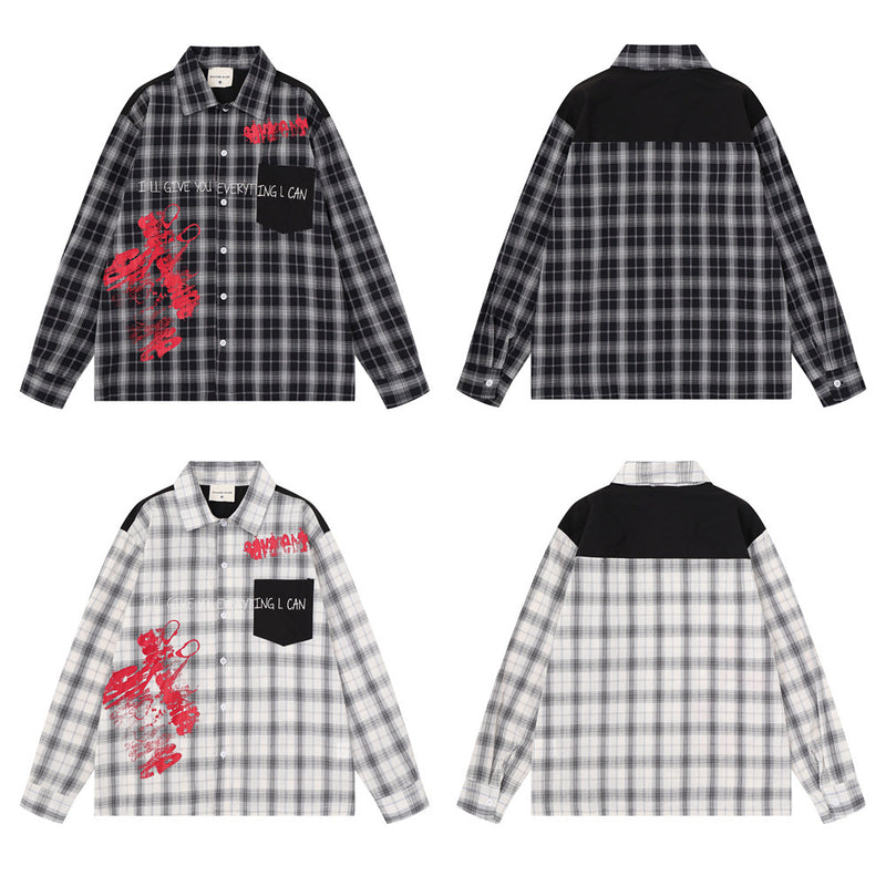 Camisa informal de botones para hombre – Estampado de graffiti a cuadros, estilo punk urbano de manga larga