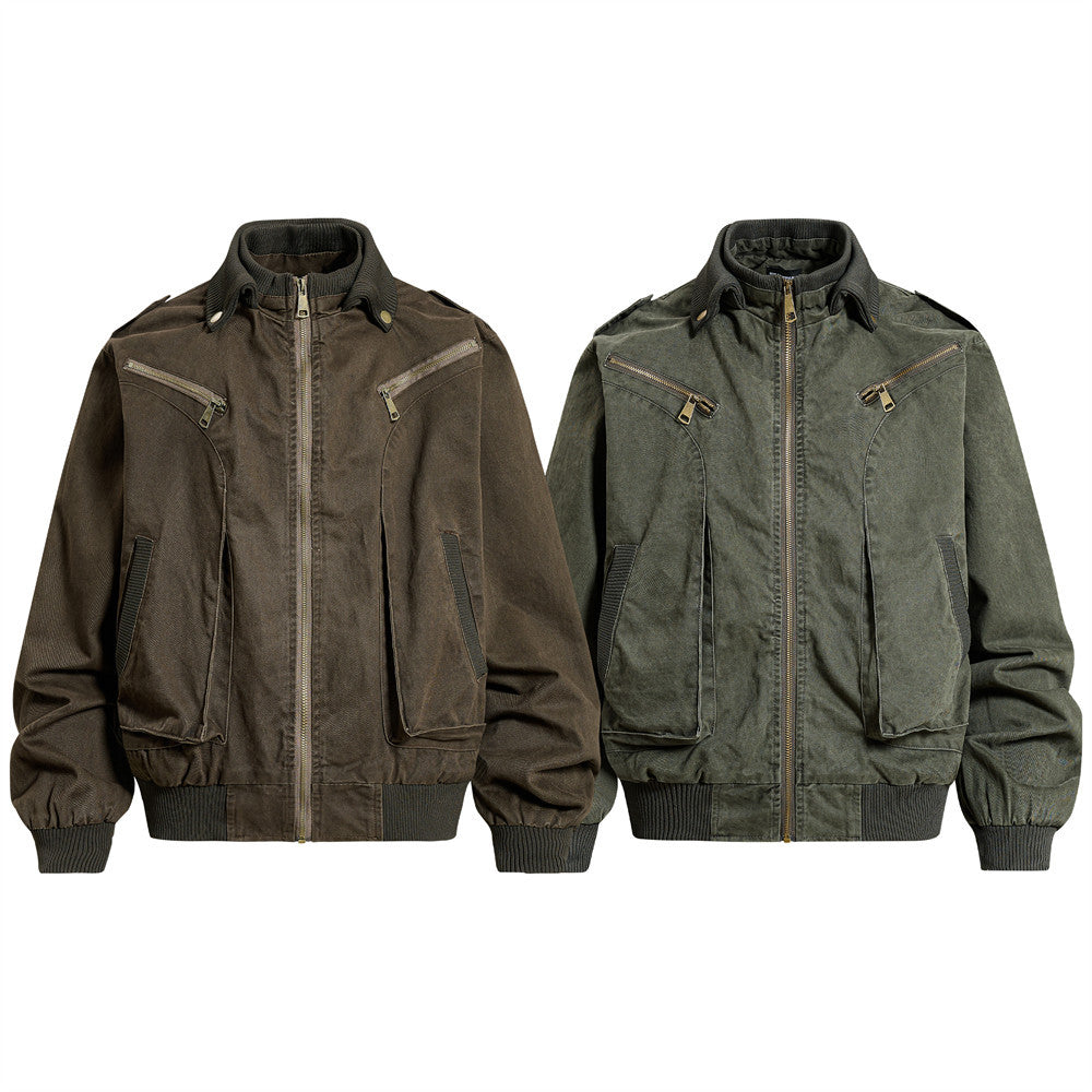 Washed Cargo Bomber Jacket – Men's Oversized Stand Collar with Double Chest Zips