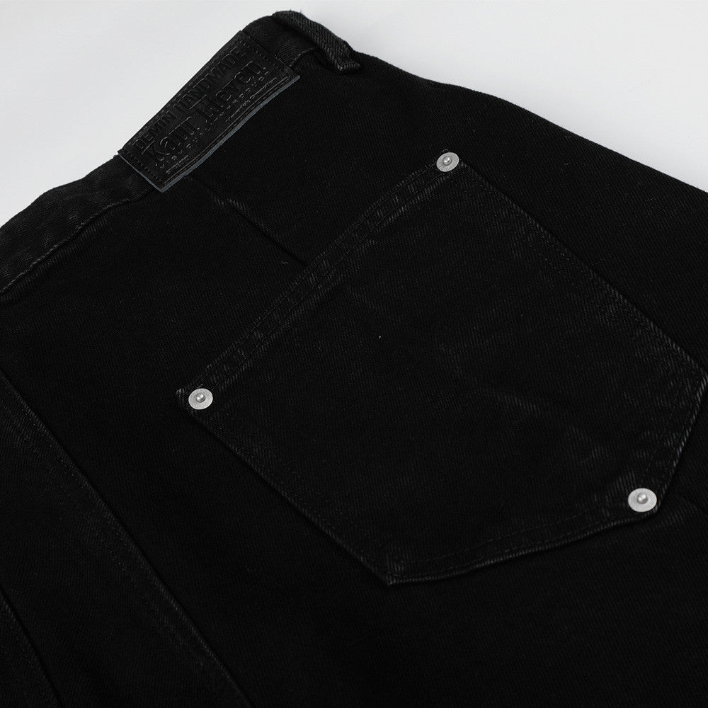 Wide-Leg Cargo Jeans – Pleated Multi-Pocket Washed Black Denim