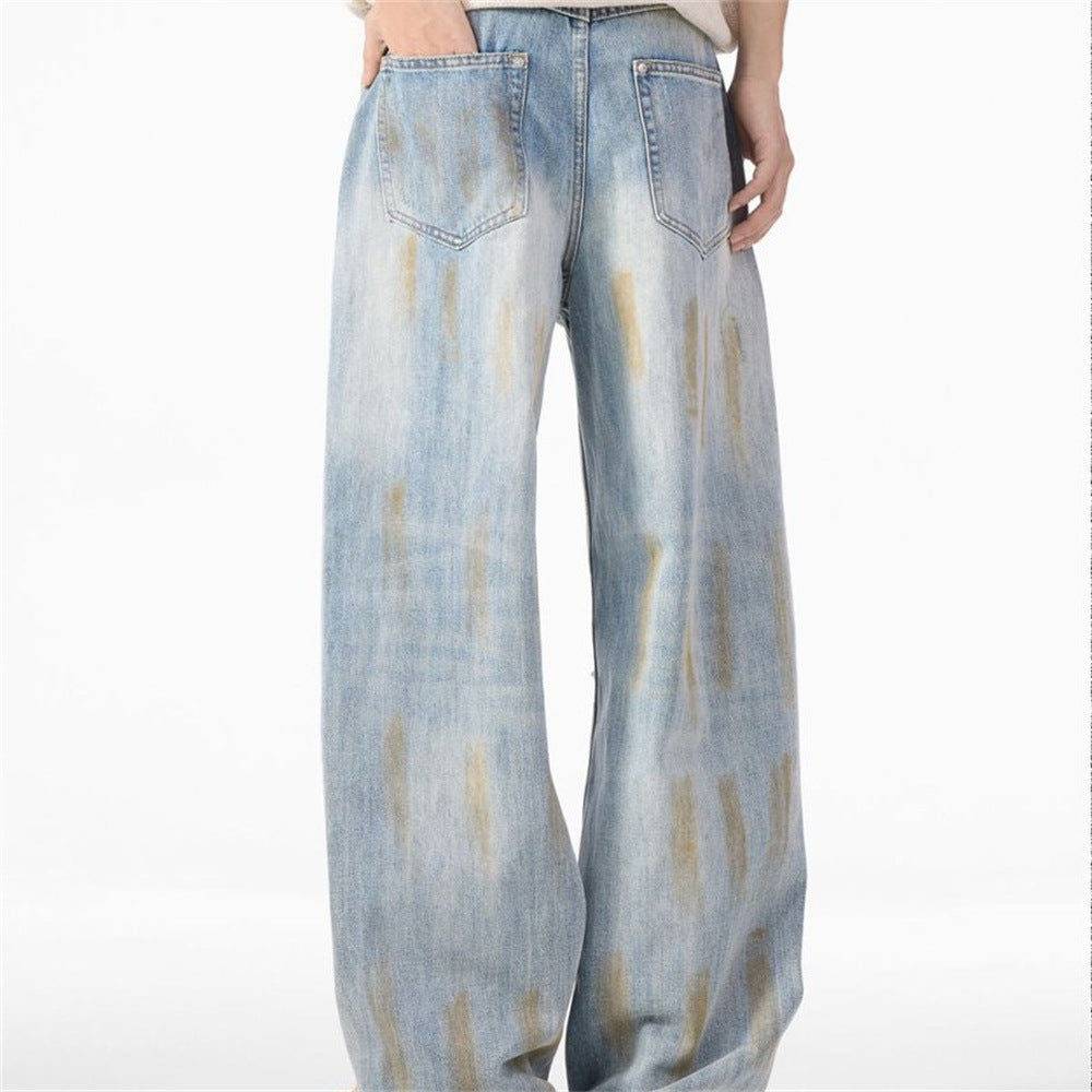 Ripped Wide-Leg Jeans – Men's Mud-Dye Distressed Straight Denim