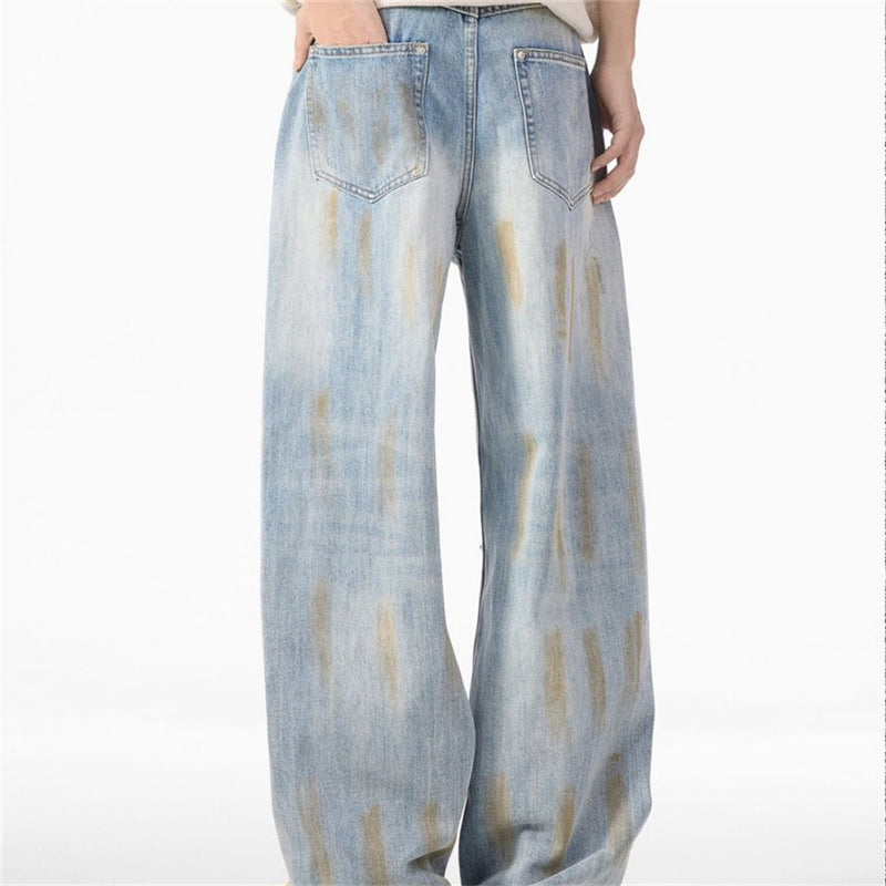 Ripped Wide-Leg Jeans – Men's Mud-Dye Distressed Straight Denim
