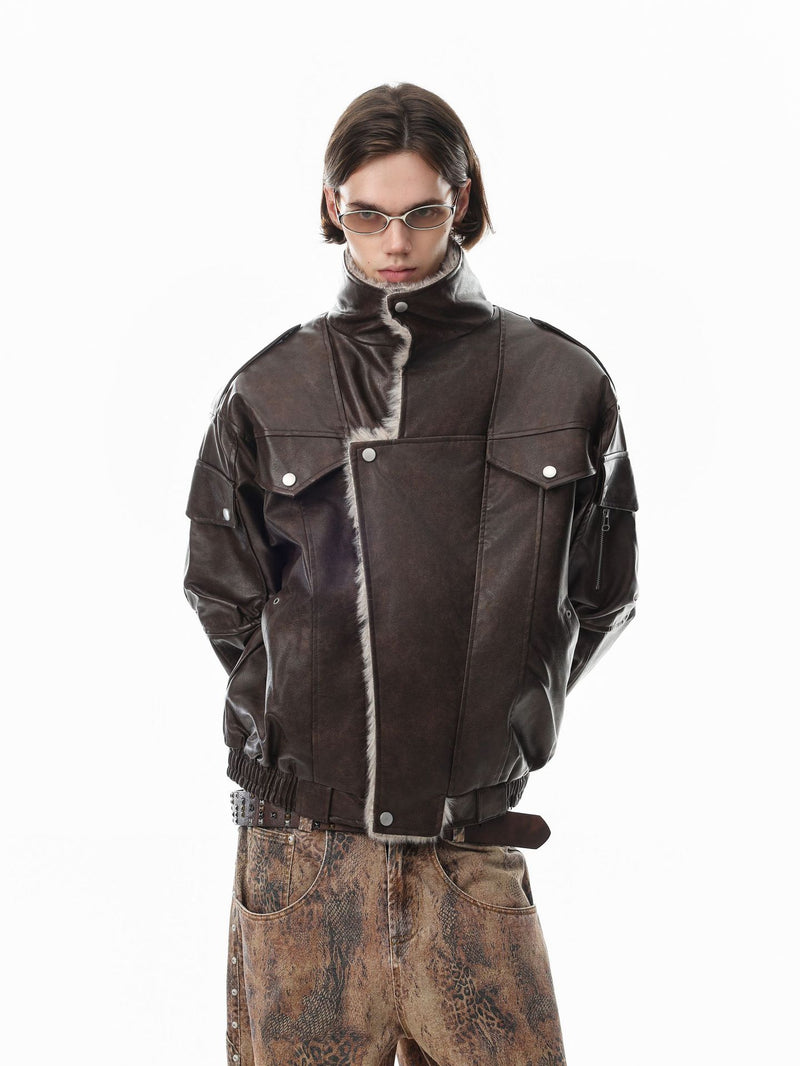Faux Leather Fur-Lined Bomber Jacket – Cold Weather Motorcycle Jacket with