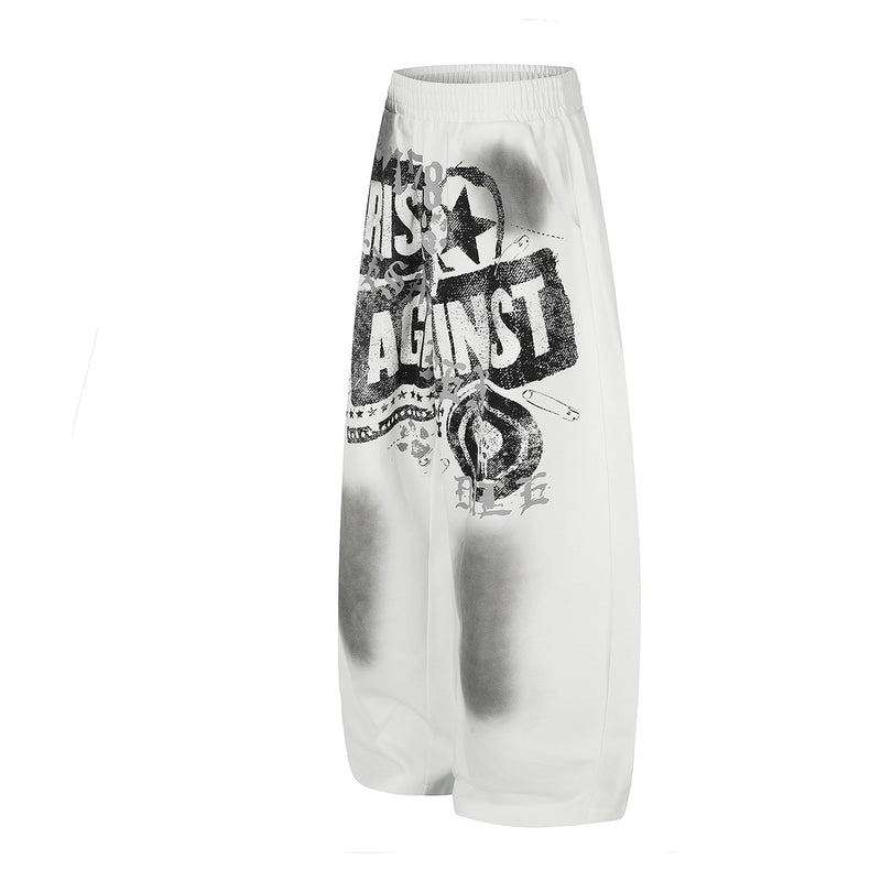 Wide-Leg Graphic Sweatpants – Rise Against Print, Washed Streetwear Baggy Fit