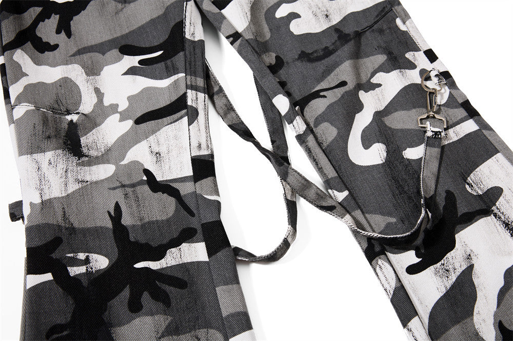 Men's Bell Bottom Pants – Colorblock Camo Punk Flare Trousers with Strap Detail