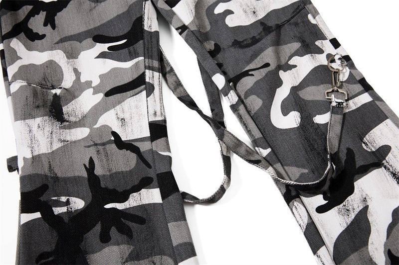 Men's Bell Bottom Pants – Colorblock Camo Punk Flare Trousers with Strap Detail
