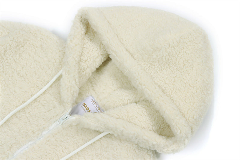 Sherpa-Fleece-Zip-Hoodie-Jacke mit Schriftgrafik auf dem Rücken und Tunnelzugsaum