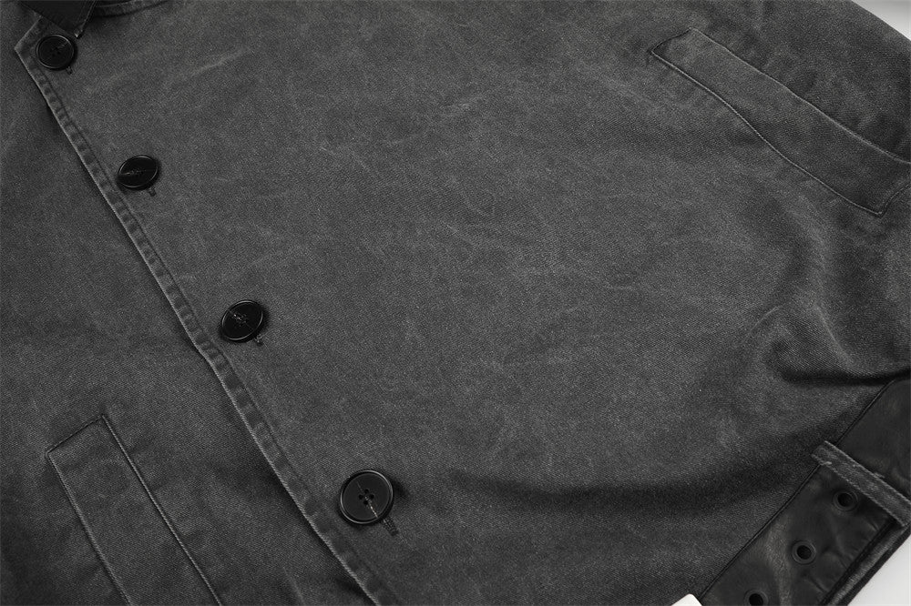 Moto-Inspired Workwear Jacket – Irregular Button Placket, Contrast Collar