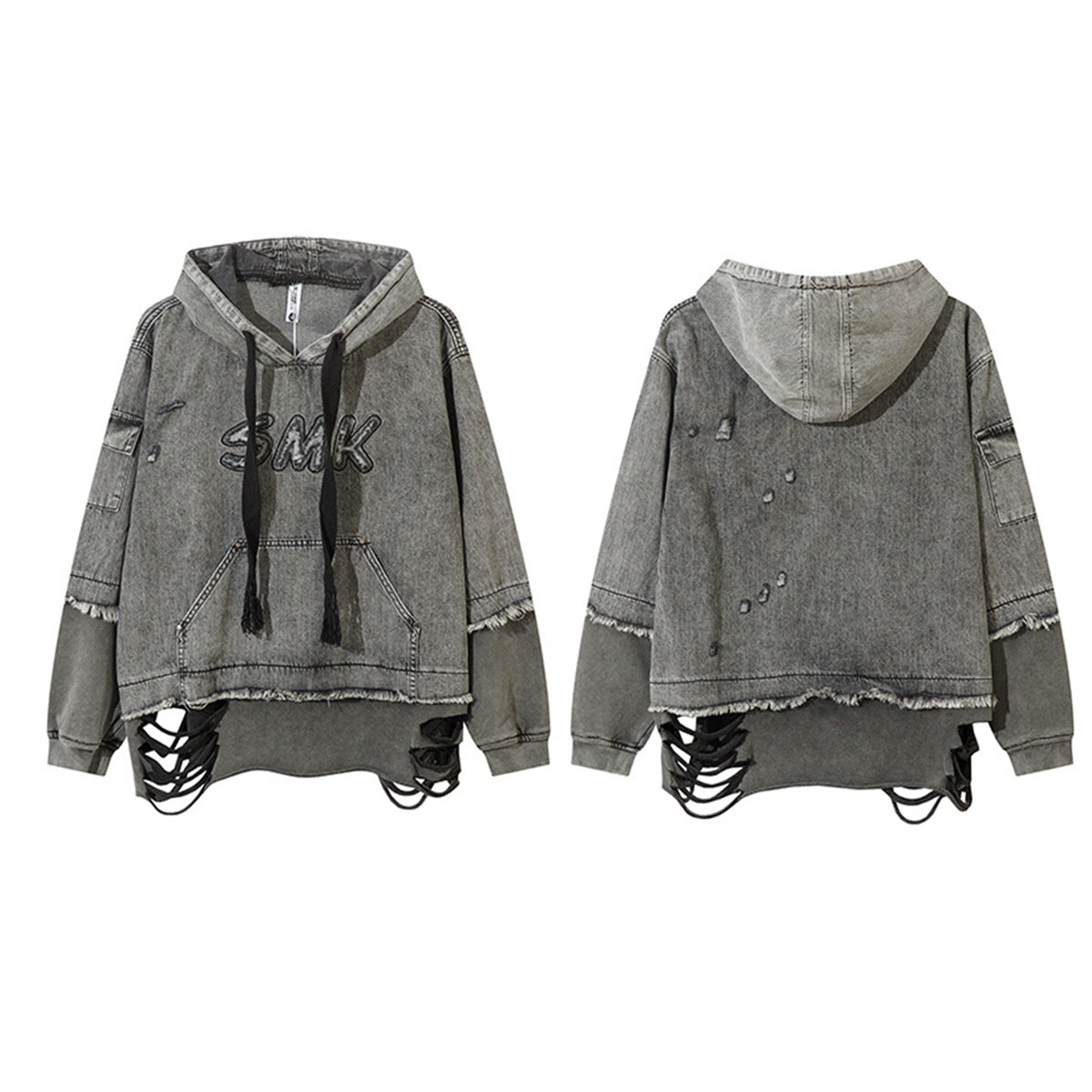 Sweat à capuche en denim délavé et déchiré – Broderie SMK, ourlet brut et détails usés