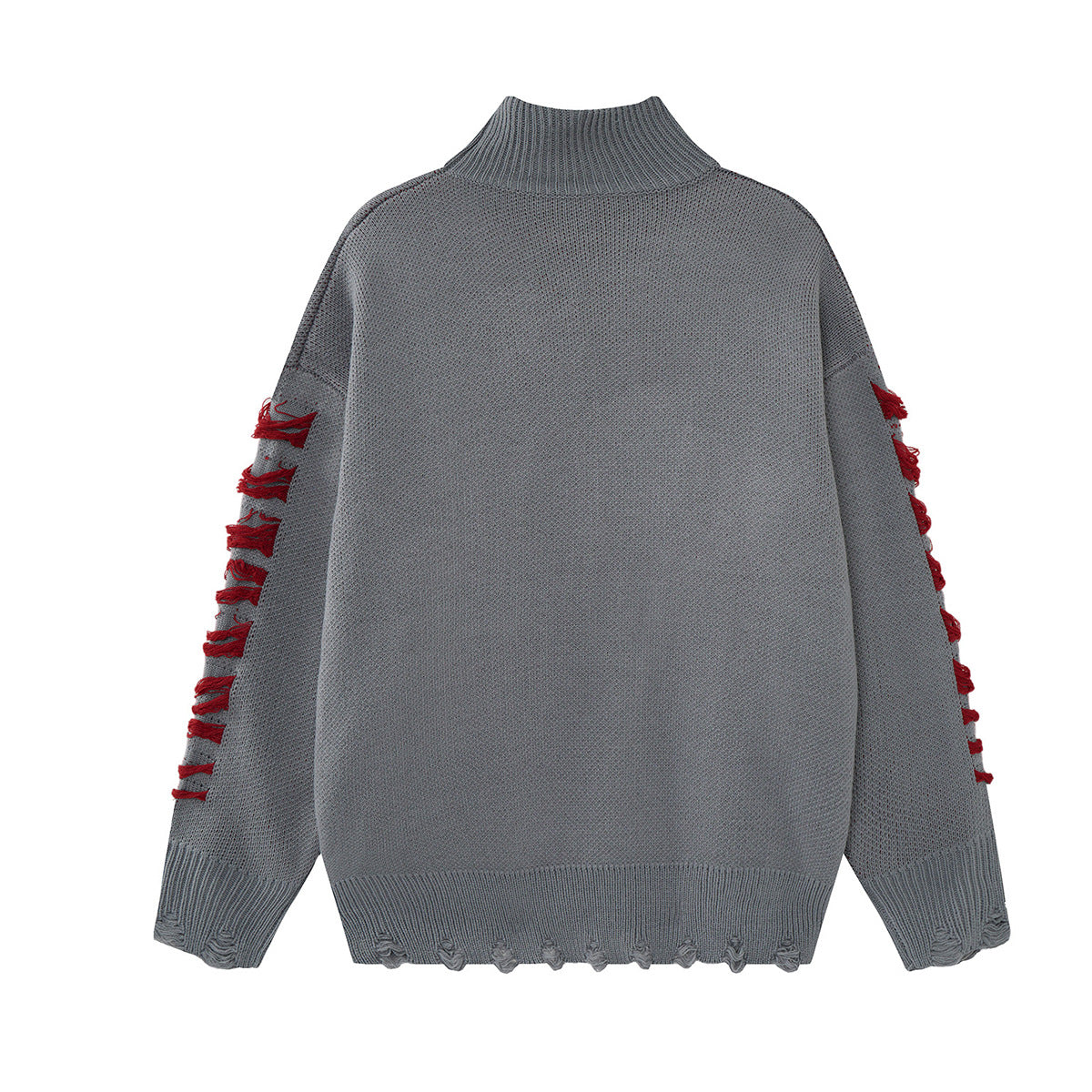 Pull à col montant Cross Heart en maille délavée – Jacquard gothique sombre à franges