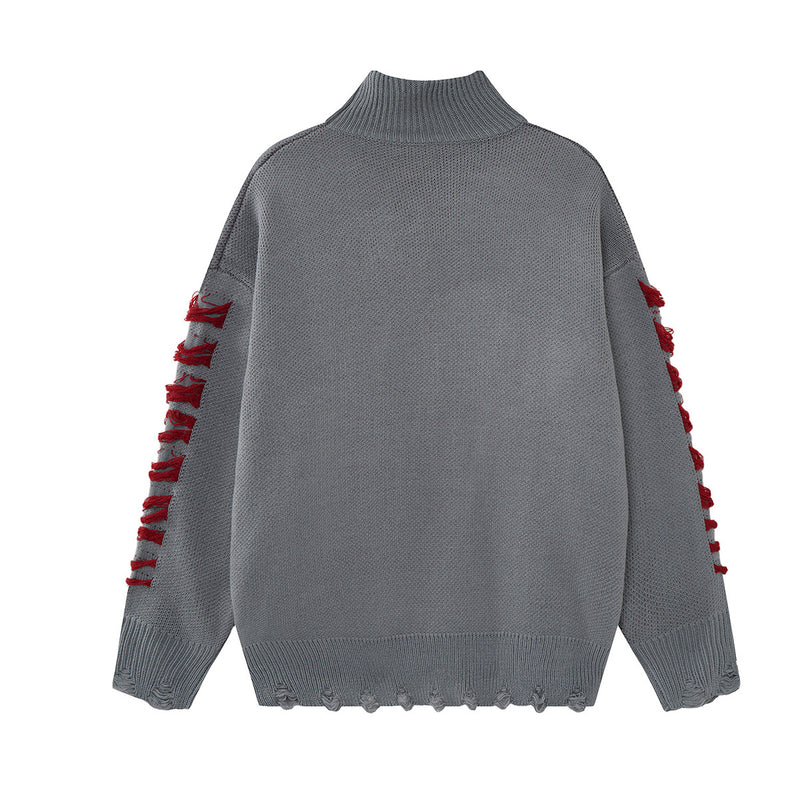 Pull à col montant Cross Heart en maille délavée – Jacquard gothique sombre à franges