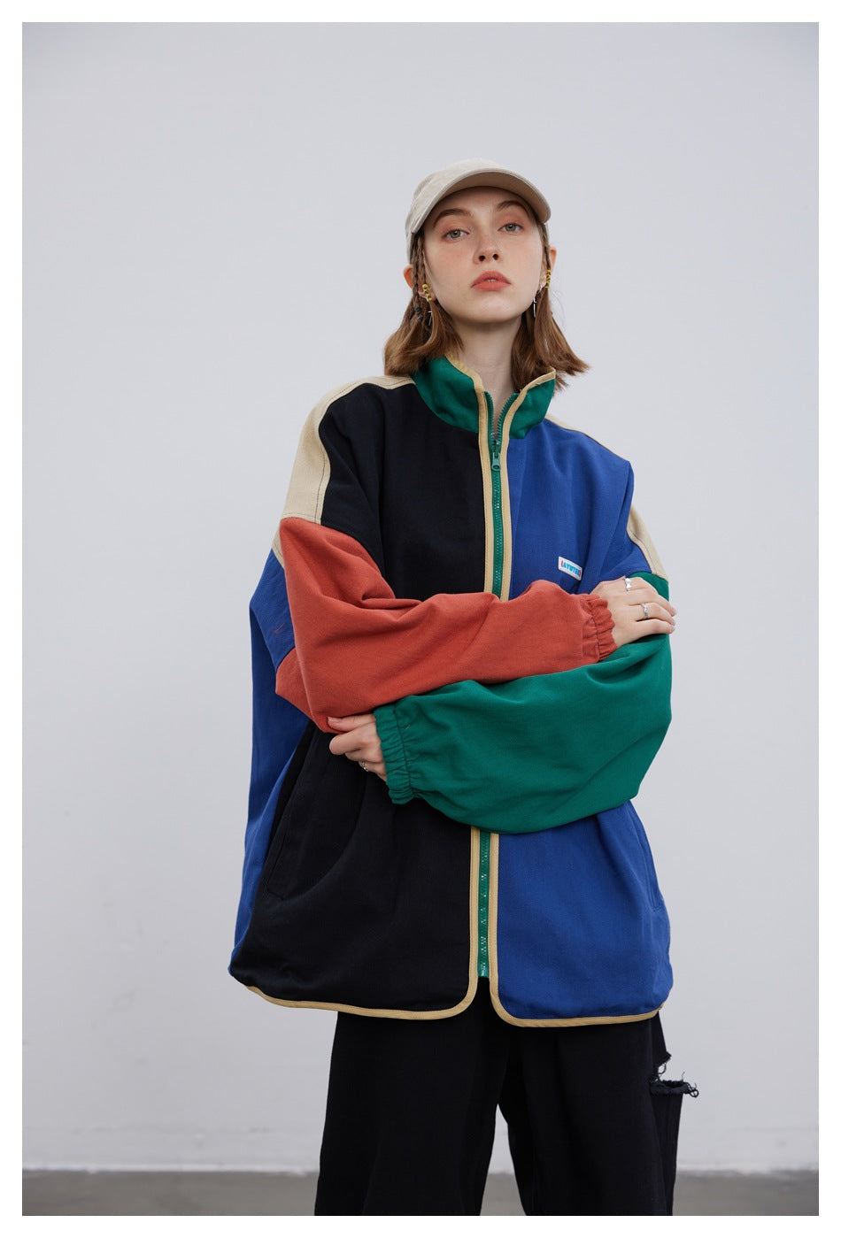 Colorblock Reversible Zip-Up Jacket — Stand Collar, Oversized Fit