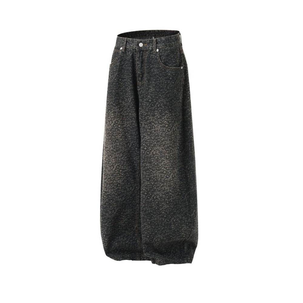 Leopard Print Wide-Leg Baggy Jeans – Oversized Curved Denim Pants