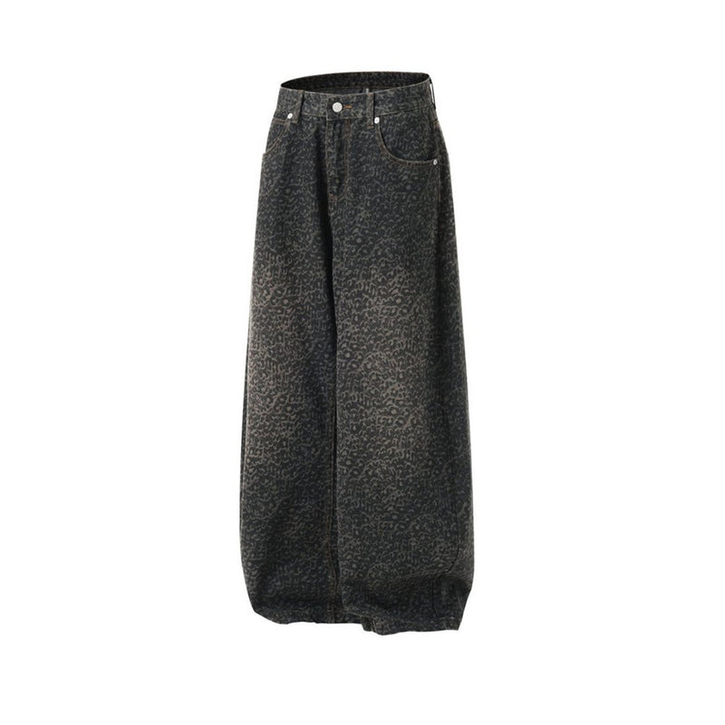 Leopard Print Wide-Leg Baggy Jeans – Oversized Curved Denim Pants