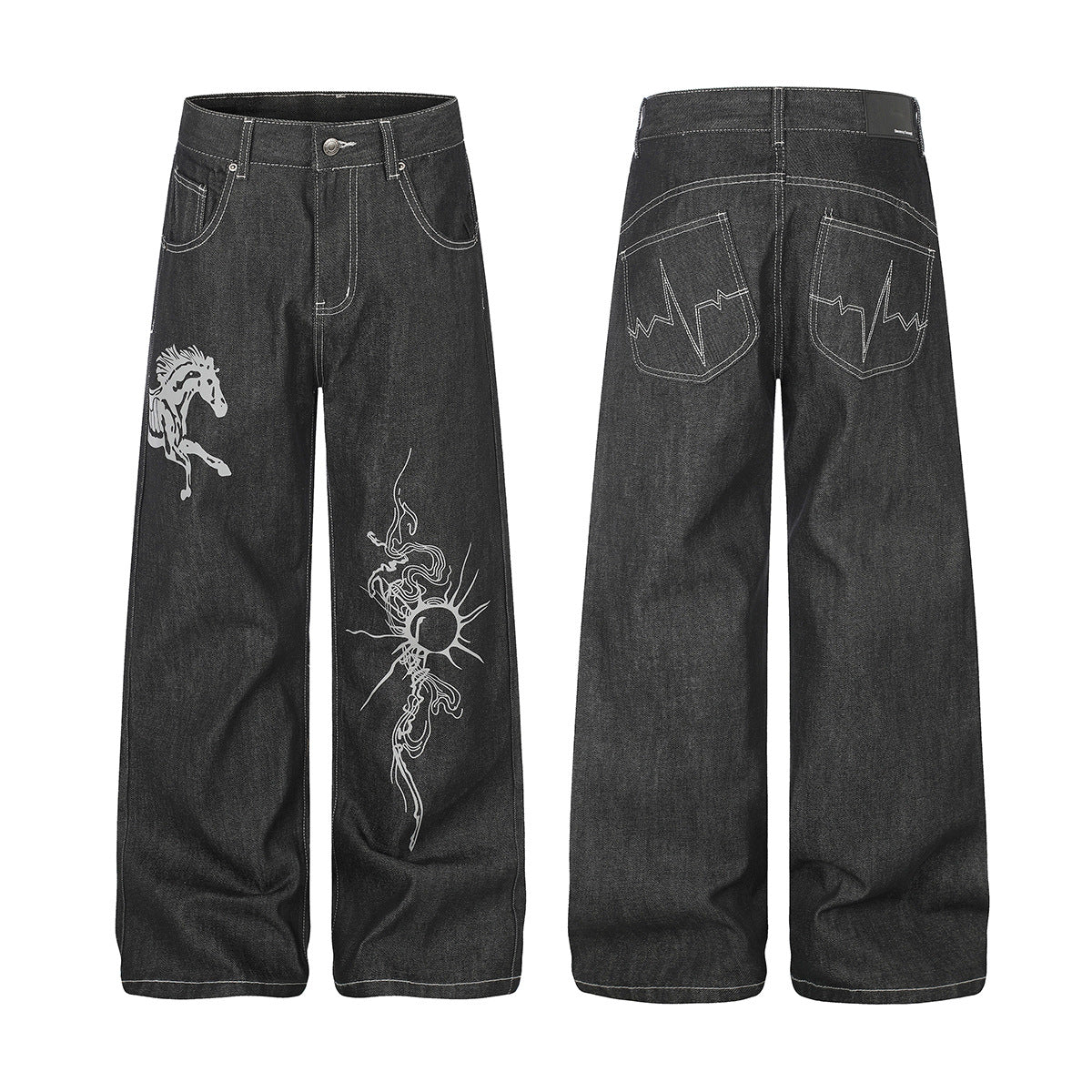 Wide-Leg Baggy Jeans – Skeleton Horse & Sun Embroidery, Dark Wash Black Denim
