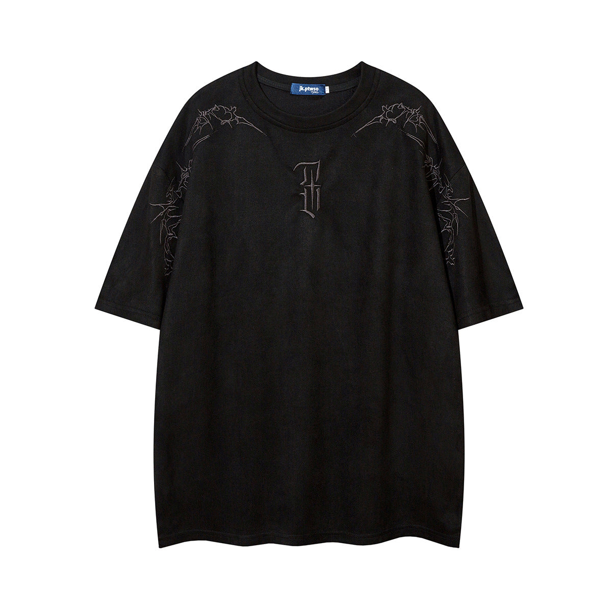 Men's Oversized Suede-Finish Thorn Embroidery Short Sleeve T-Shirt