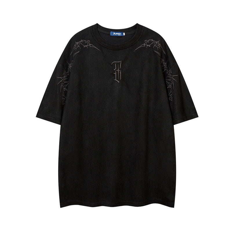 Men's Oversized Suede-Finish Thorn Embroidery Short Sleeve T-Shirt