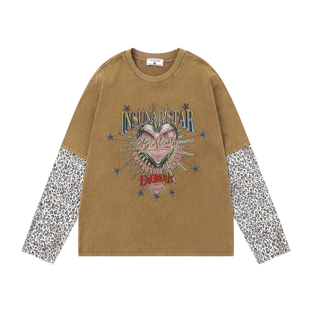 T-shirt à manches longues effet deux pièces avec manches imprimées léopard – Motif cœur, style punk délavé