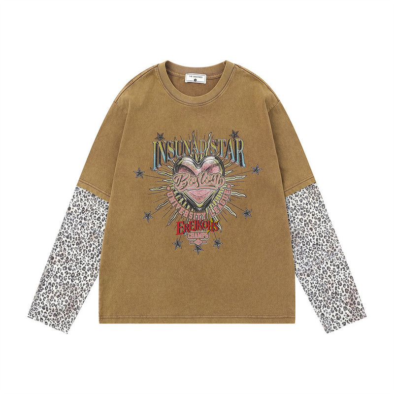 T-shirt à manches longues effet deux pièces avec manches imprimées léopard – Motif cœur, style punk délavé