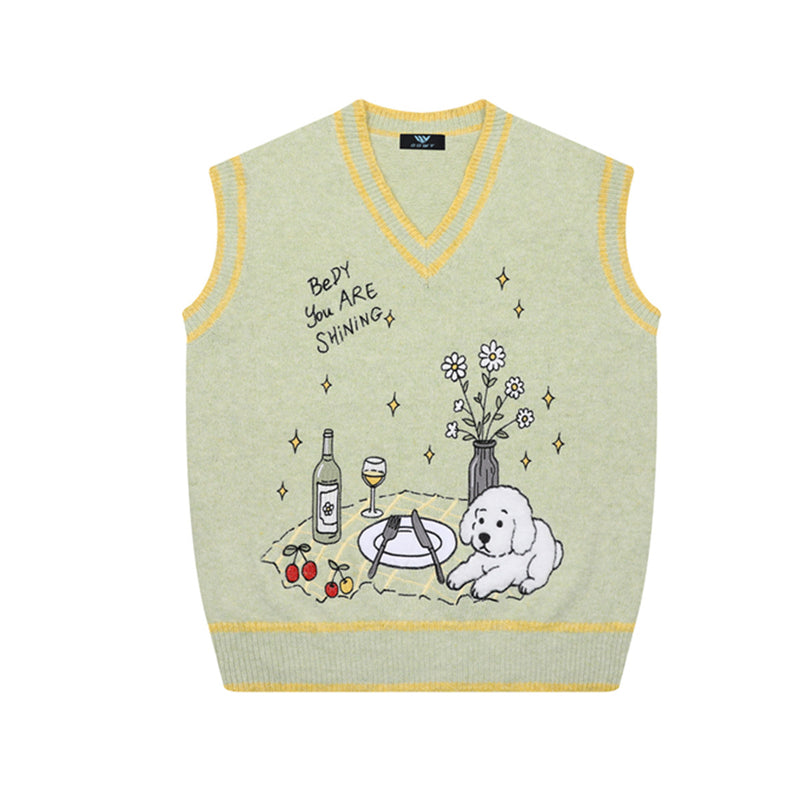 V-Neck Knit Sweater Vest with Cute Puppy Picnic Embroidery