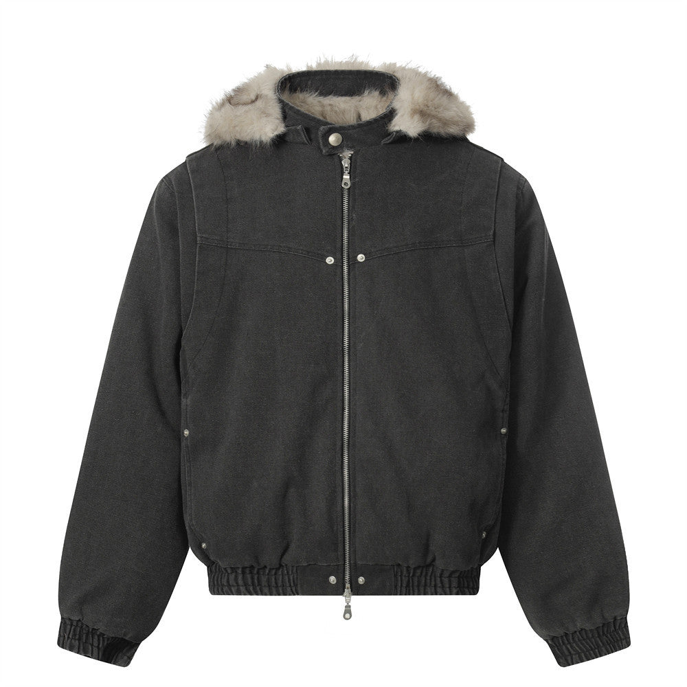 Faux Mink Fur-Trimmed Hooded Padded Jacket – Washed Canvas Bomber