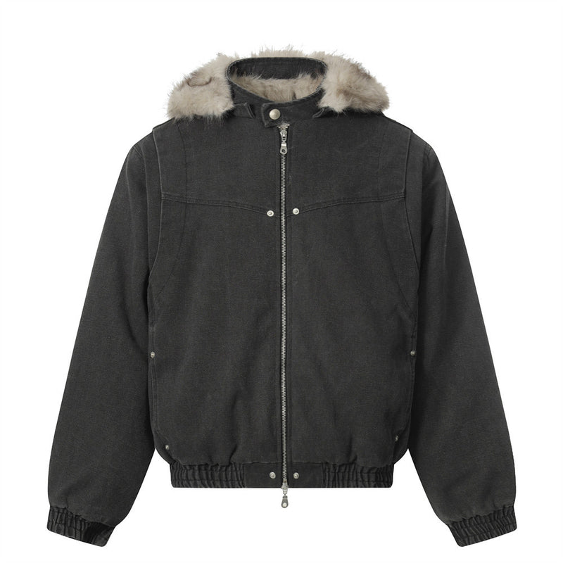 Faux Mink Fur-Trimmed Hooded Padded Jacket – Washed Canvas Bomber