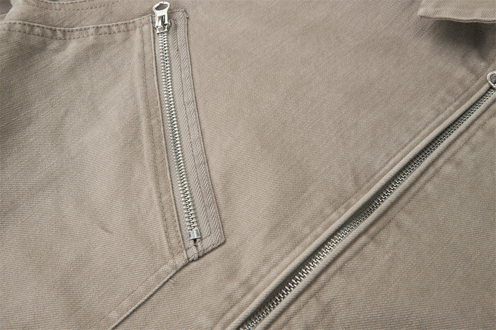 Men Zip-Up Jacket with Multi-Pocket Design – Vintage Washed Workwear Overshirt