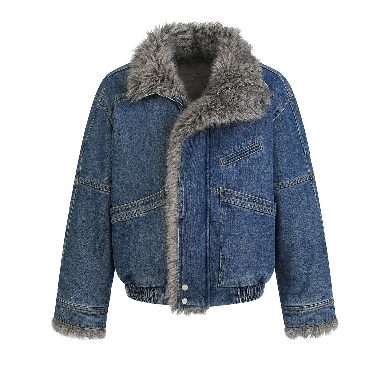 Fur-Lined Denim Jacket – Men's Winter Bomber with Faux Fur Collar & Quilted