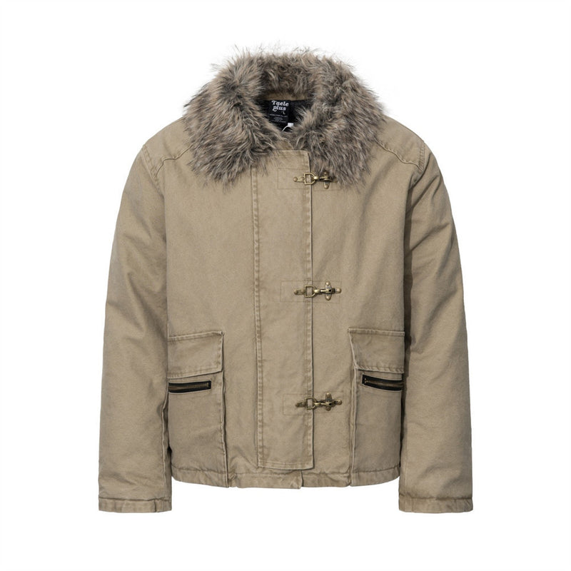 Men's Padded Canvas Jacket with Faux Fur Collar & Metal Toggle Closures