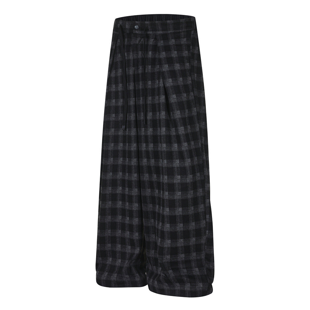 Men's Plaid Dress Pants – Wide-Leg Pleated Baggy Trousers in Black & Grey Check