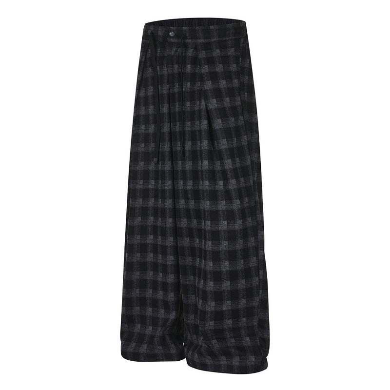 Men's Plaid Dress Pants – Wide-Leg Pleated Baggy Trousers in Black & Grey Check