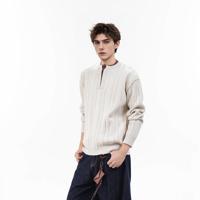 Pull homme en maille côtelée à col tunisien – Coupe oversize décontractée
