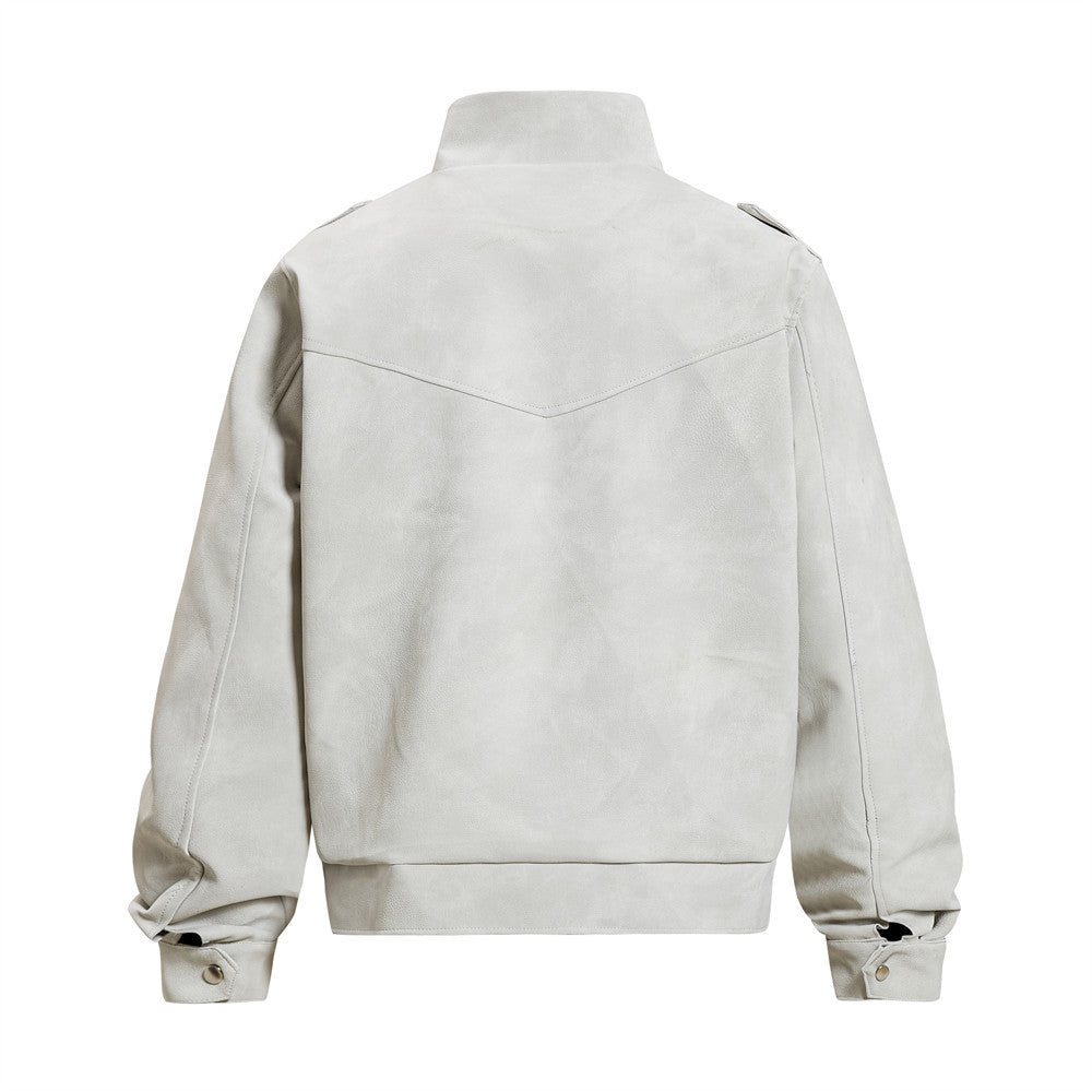 Men's Retro Distressed Suede-Texture PU Leather Stand Collar Bomber Jacket