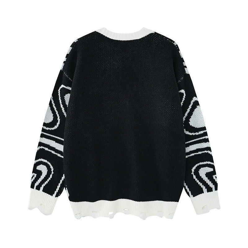 Abstrakter Wirbel-Strickcardigan – Oversized Pullover mit V-Ausschnitt und Knopfleiste