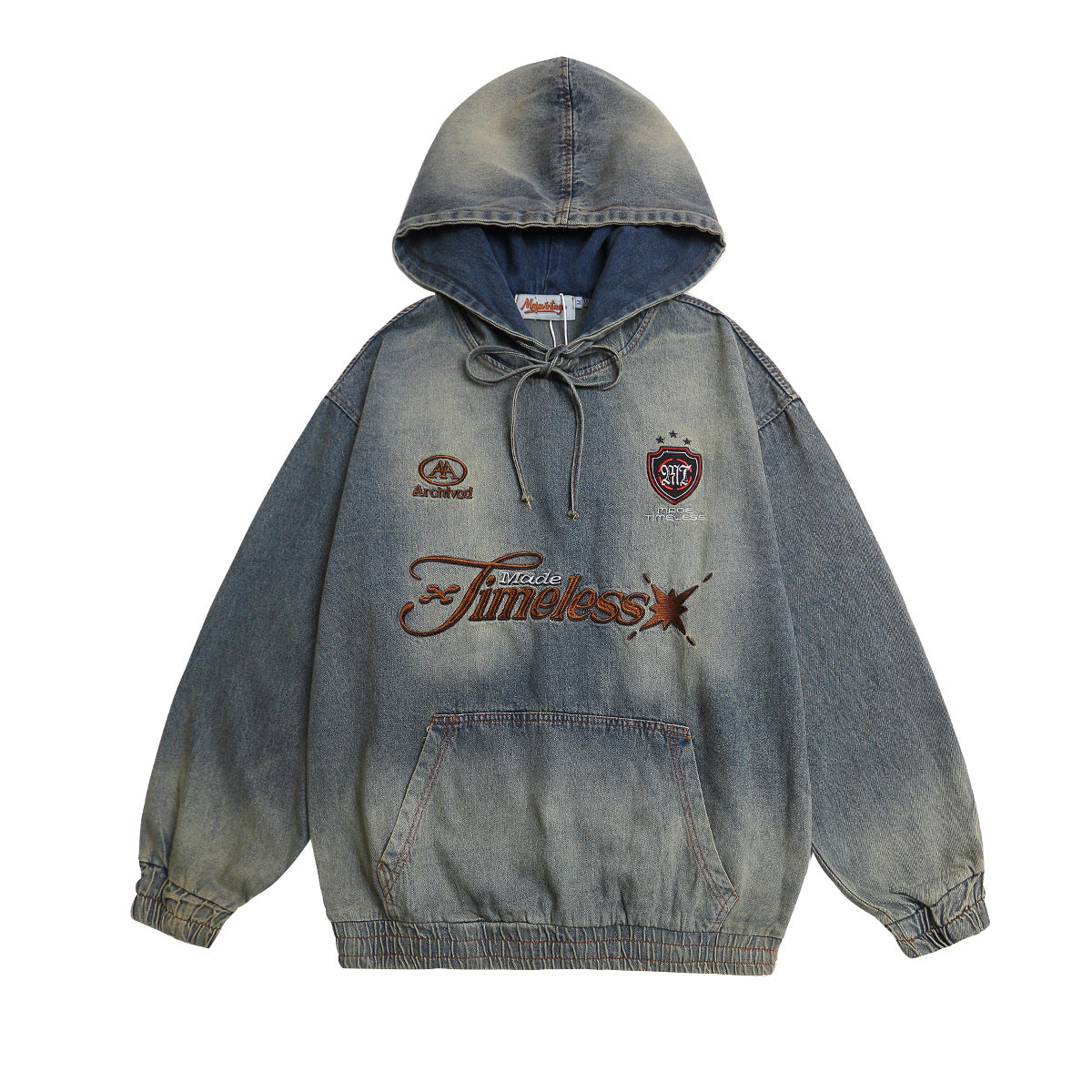 Oversized vintage washed denim hoodie with Made Timeless embroidery in faded blue colorway, front view