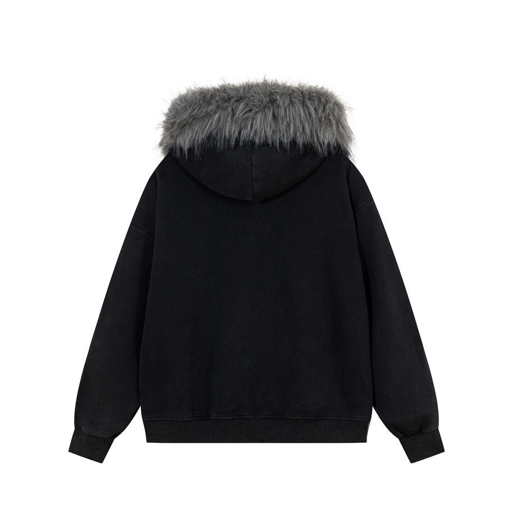 Sweat à capuche zippé oversize avec bordure en fausse fourrure et Statue de la Liberté vintage