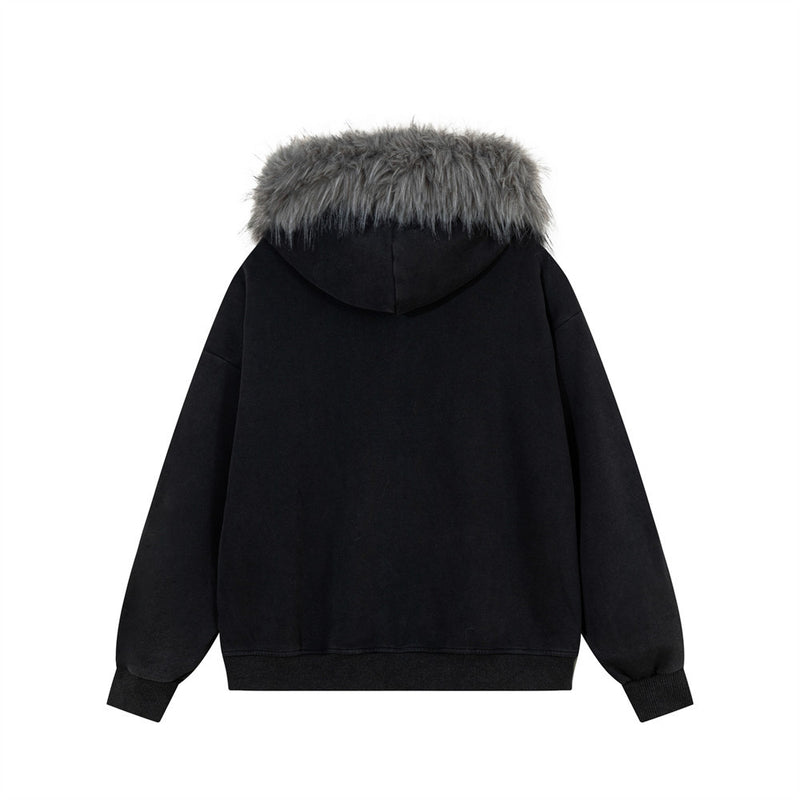 Sweat à capuche zippé oversize avec bordure en fausse fourrure et Statue de la Liberté vintage
