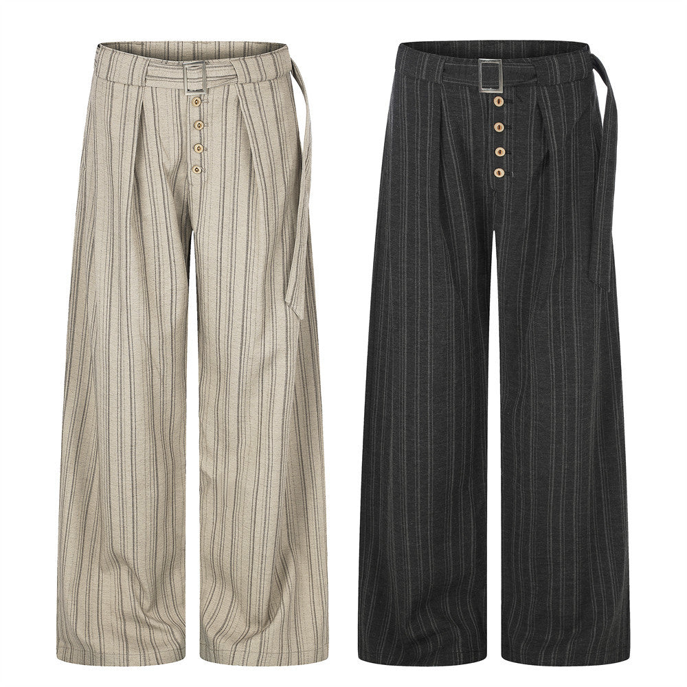 Men's wide-leg pinstripe trousers with button fly and self-tie belt in charcoal black